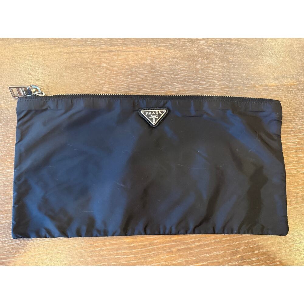 Prada Black Woven Zip Top Bag clutch Pouch Handbag Silver Hardward 12.5 x 6.25